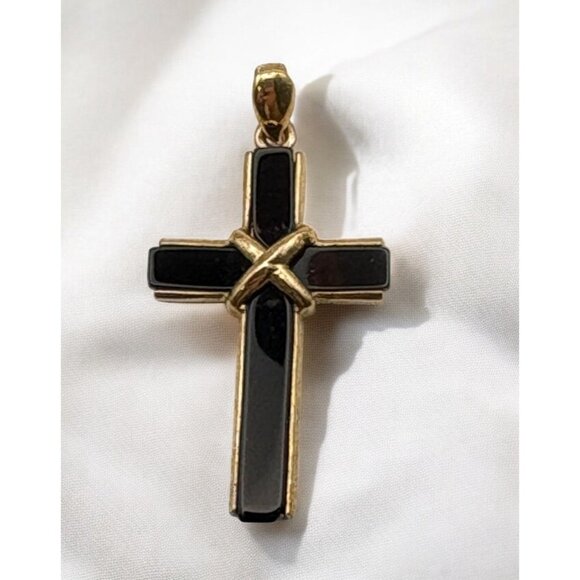 Vintage Black Inlay Cross Pendant Charm Gold Tone Religious Christian Jewelry - Picture 1 of 6